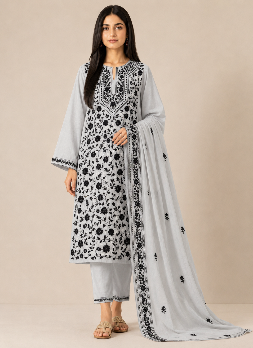 Steel Grey & Black Floral Embroidered Suit