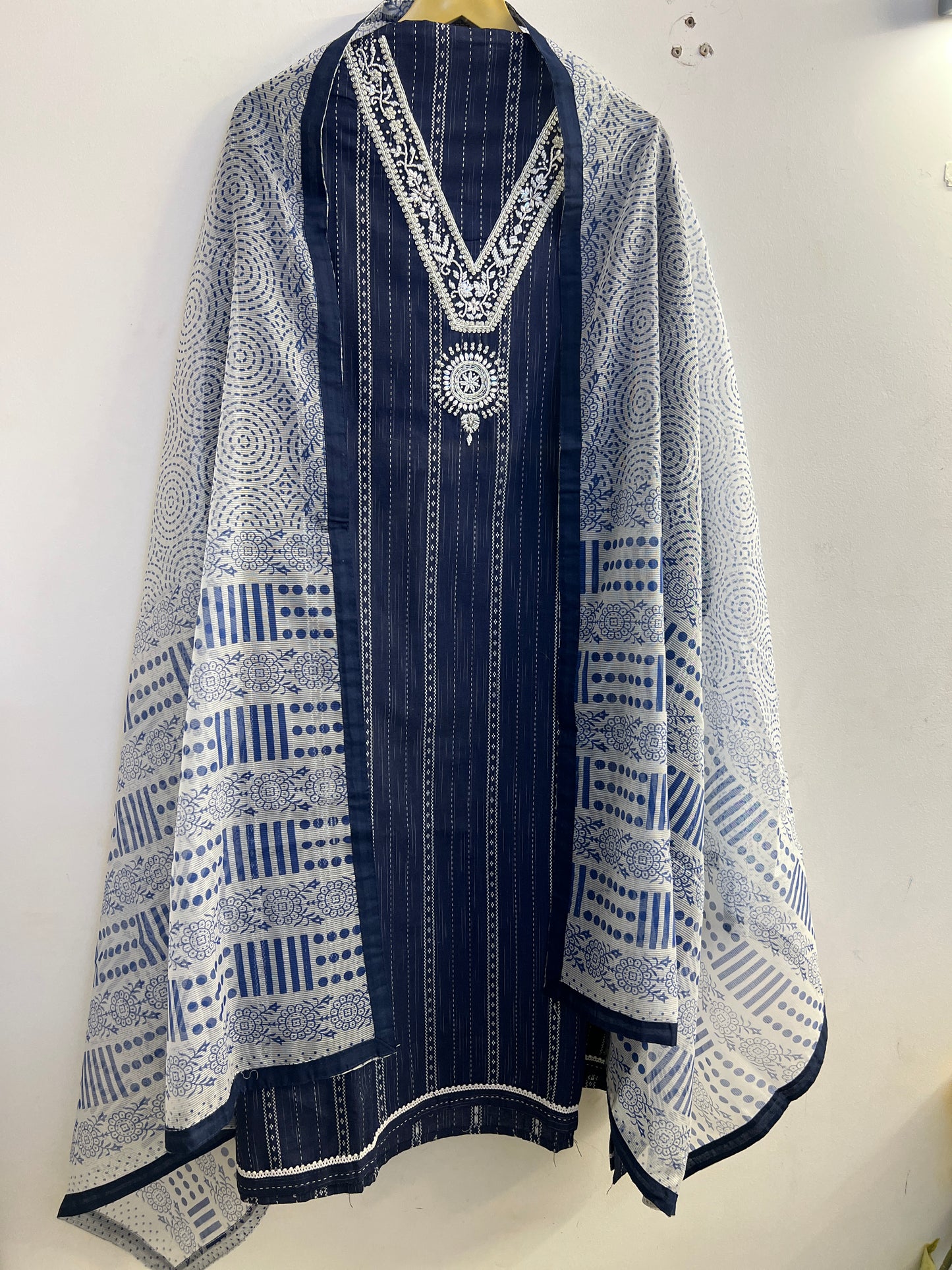 Navy Blue khadi Cotton suit with Handwork & Kota Doriya Dupatta