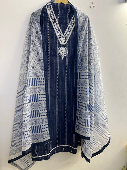 Navy Blue khadi Cotton suit with Handwork & Kota Doriya Dupatta