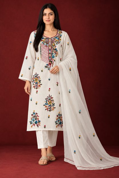 Pure Mul Cotton Hand-Embroidered Suit Set