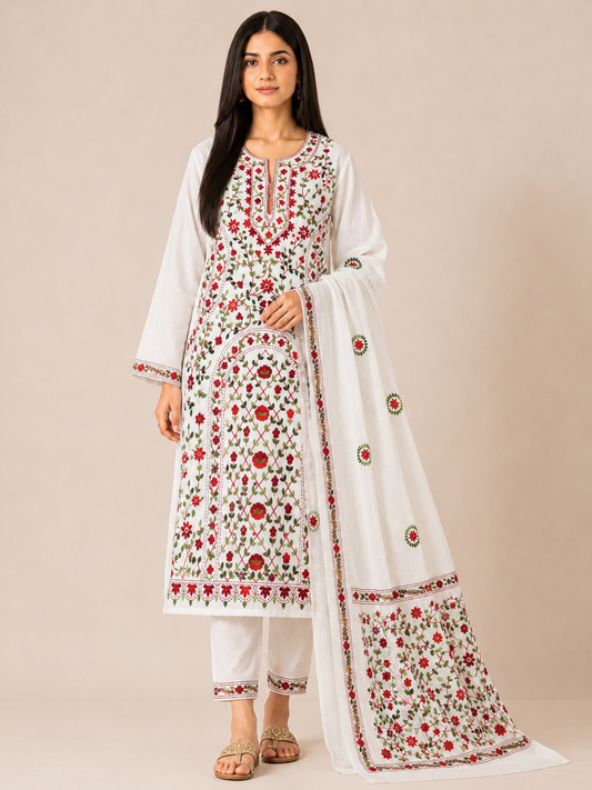 Crimson Bloom Ivory Hand-Embroidered Suit Set