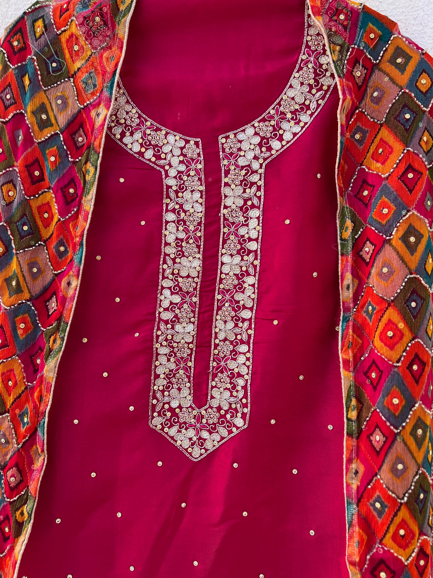 Fuchsia Silk Ensemble with Intricate Hand Embroidery & Chiffon Nanki Dupatta