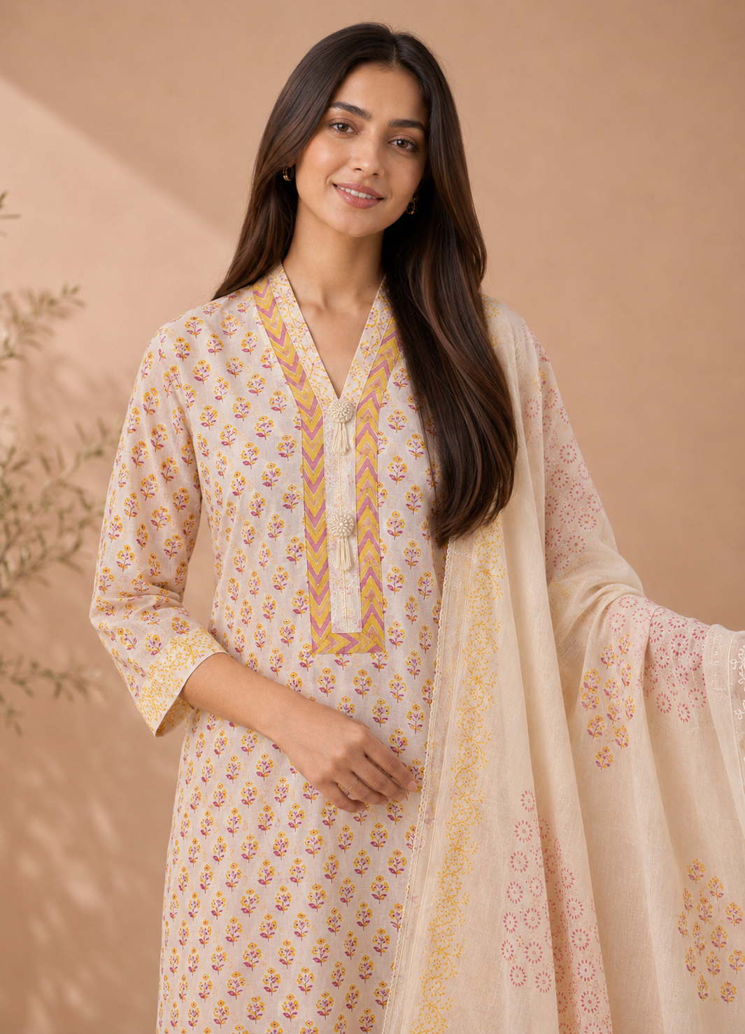 Elegant Cream Floral Suit Set With subs tel Embroidery