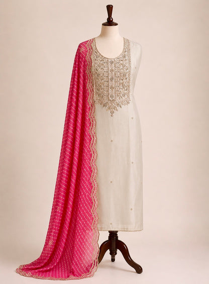 Light Slate Grey Russian Silk Suit with Rani Laheriya Sequin Dupatta