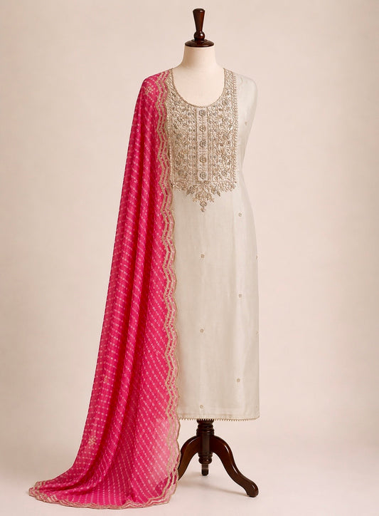 Light Slate Grey Russian Silk Suit with Rani Laheriya Sequin Dupatta
