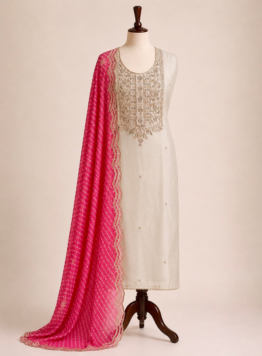 Light Slate Grey Russian Silk Suit with Rani Laheriya Sequin Dupatta
