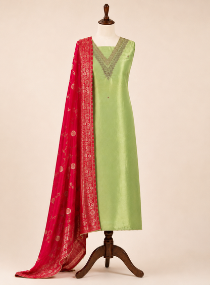Elegant Pastel V-Neck Suit with Intricate Mirror Embellishment