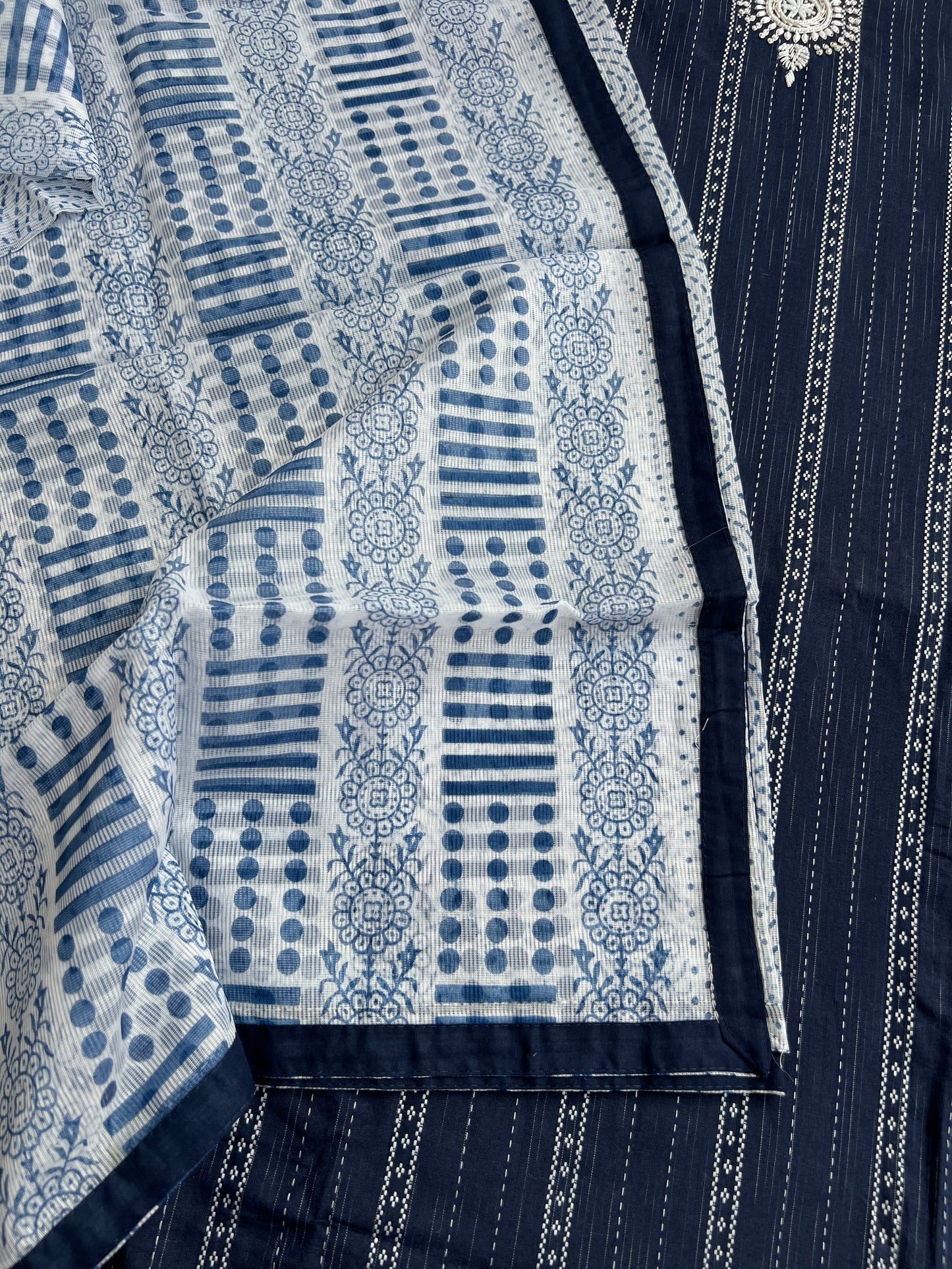 Navy Blue khadi Cotton suit with Handwork & Kota Doriya Dupatta