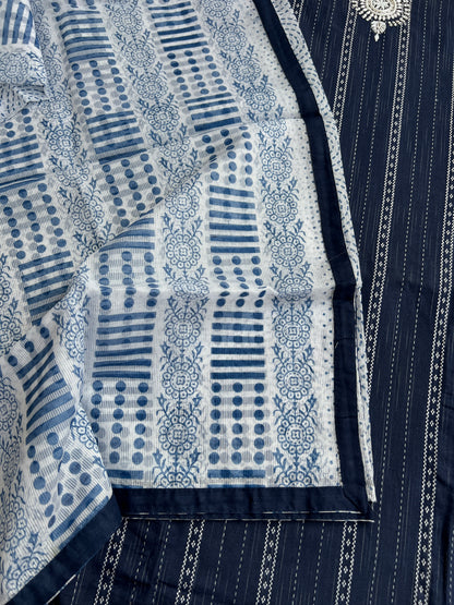 Navy Blue khadi Cotton suit with Handwork & Kota Doriya Dupatta