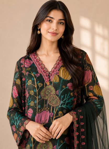 V Neck Green pink  Floral Semistiched Salwar Suit