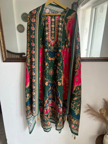 Emerald Bloom Muslin Karanchi Suit Set