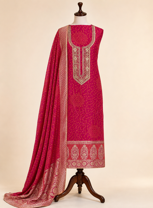 Fuchsia Pink Bandhani Gota Patti Suit