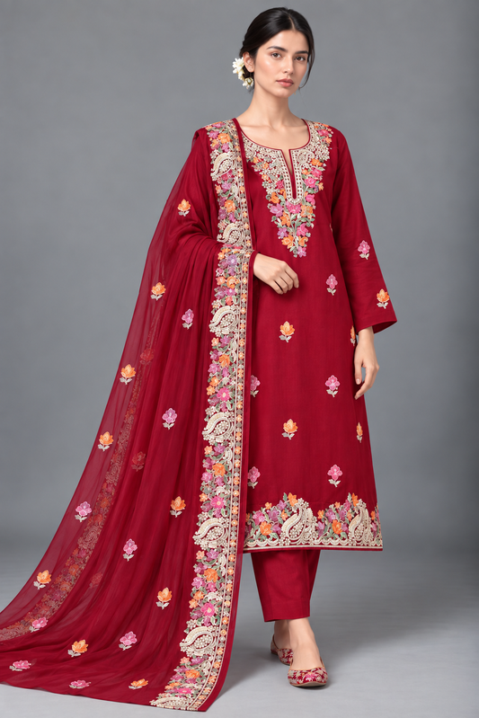 Ruby Red Kashmiri Modal Cotton Suit Set with Chiffon Embroidered Dupatta