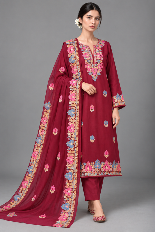 Wine Berry All-Season Kashmiri Embroidered Modal Cotton Suit Set