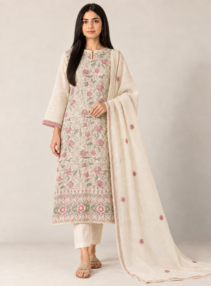 Handcrafted Kantha Embroidered Maheshwari Silk Suit Set
