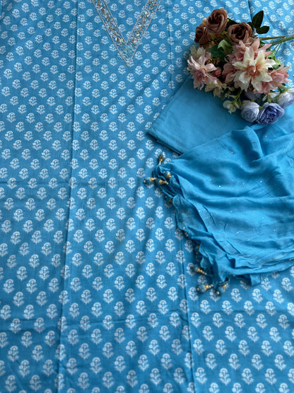 Sky Blue Cotton Suit with Delicate Hand Embroidery & Tassel Dupatta