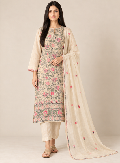 Handcrafted Kantha Embroidered Maheshwari Silk Suit Set