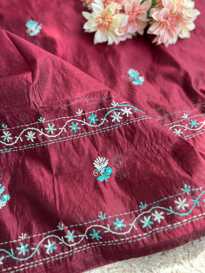 Wine Hand-Embroidered Chanderi Silk