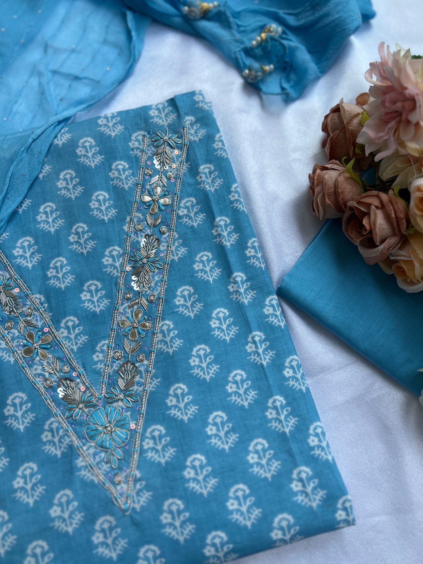 Sky Blue Cotton Suit with Delicate Hand Embroidery & Tassel Dupatta