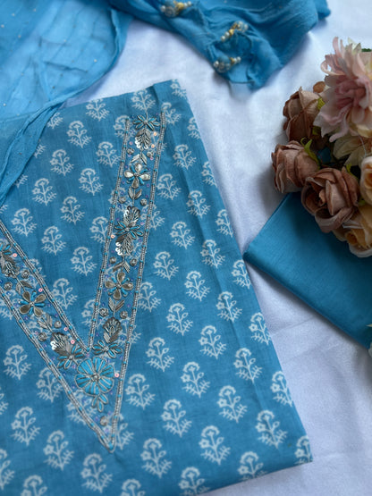 Sky Blue Cotton Suit with Delicate Hand Embroidery & Tassel Dupatta