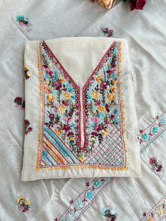 Beige  Blossom Embroidered Chanderi silk