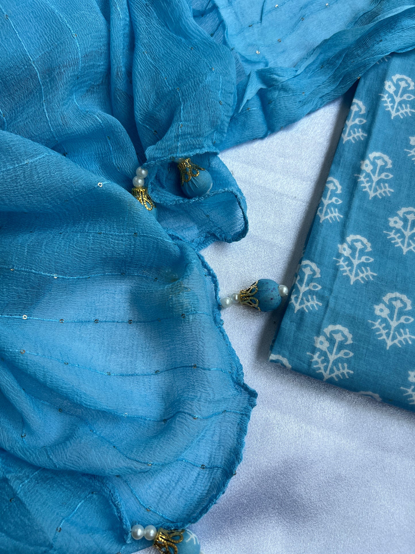 Sky Blue Cotton Suit with Delicate Hand Embroidery & Tassel Dupatta