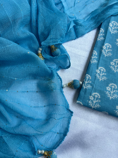 Sky Blue Cotton Suit with Delicate Hand Embroidery & Tassel Dupatta