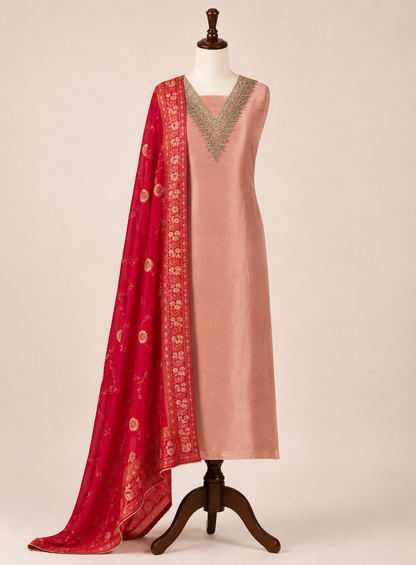 Elegant Pastel V-Neck Suit with Intricate Mirror Embellishment