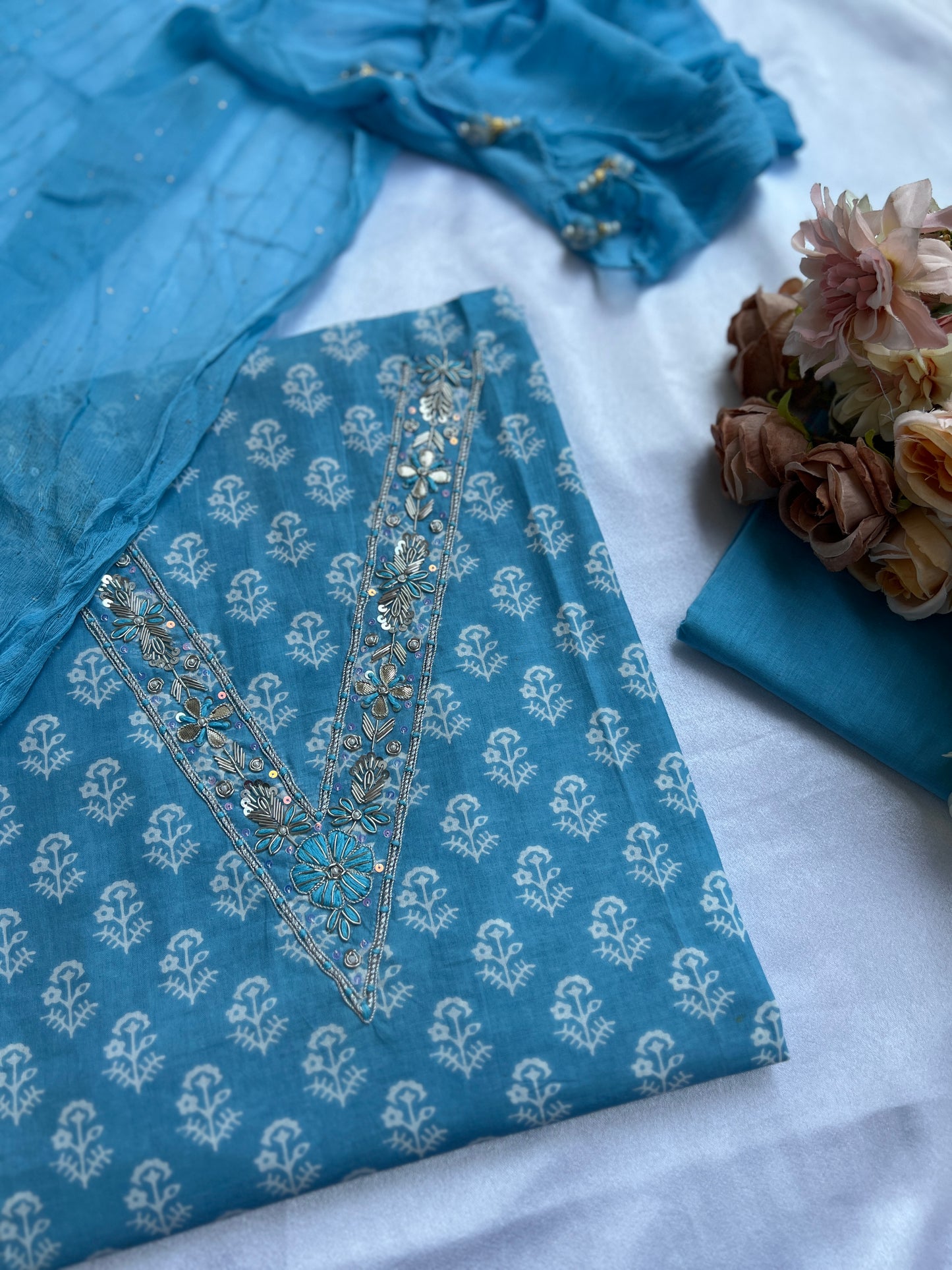 Sky Blue Cotton Suit with Delicate Hand Embroidery & Tassel Dupatta