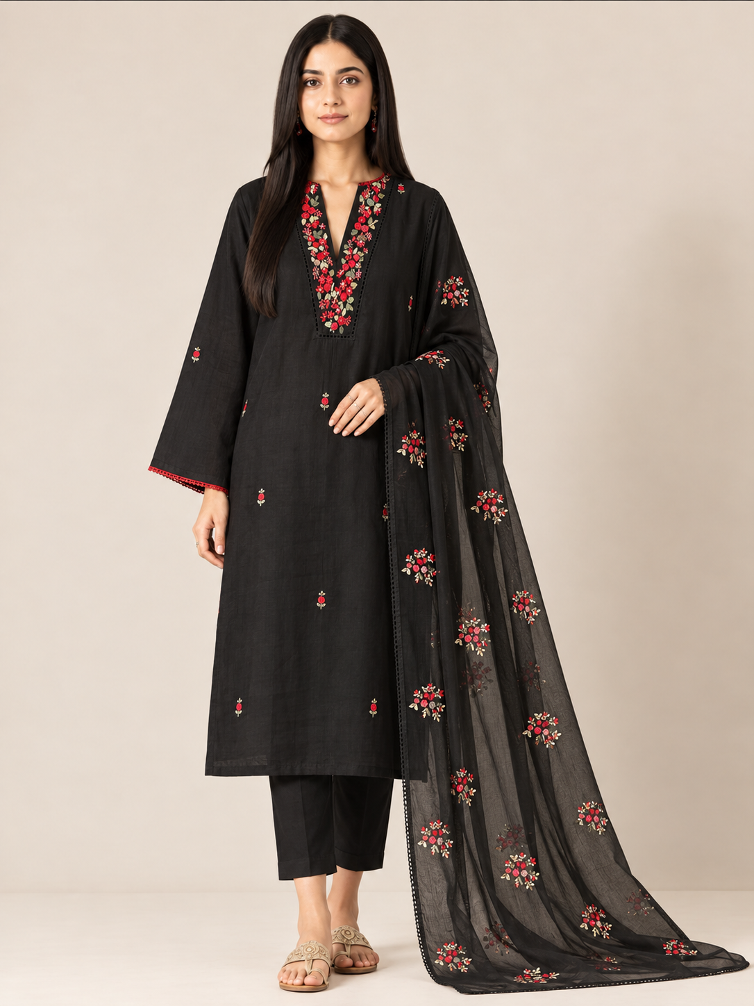 Black Hand-Embroidered Premium Maslin  Suit Set