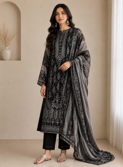 Black & White Elegance – Karachi Print Crepe Mirror Embroidered Suit