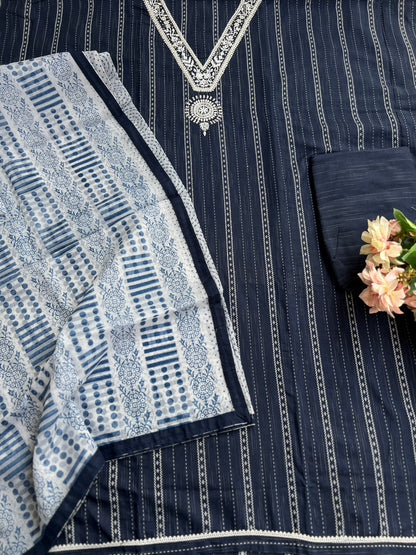 Navy Blue khadi Cotton suit with Handwork & Kota Doriya Dupatta