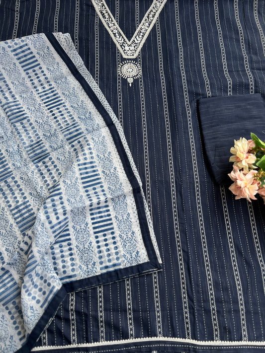 Navy Blue khadi Cotton suit with Handwork & Kota Doriya Dupatta