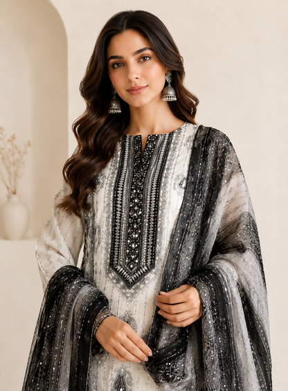 Black & White Elegance – Karachi Print Crepe Mirror Embroidered Suit