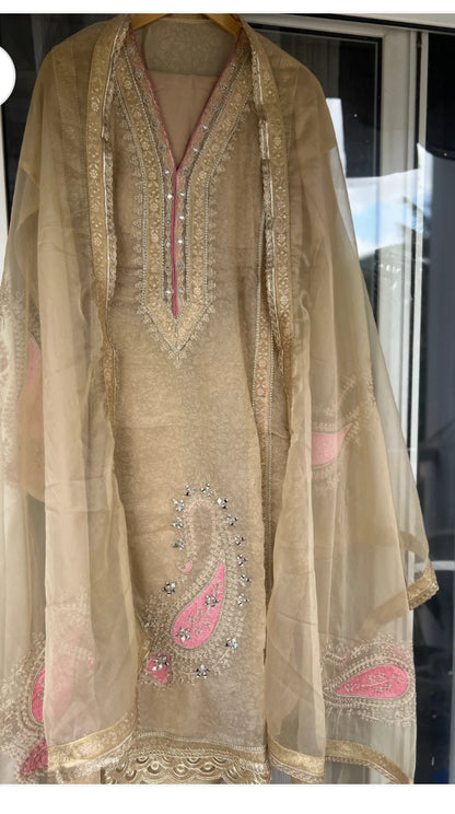 Elegant Ivory Crushed Brasso Semi-Stitched Suit with Lace & Patch Detailing