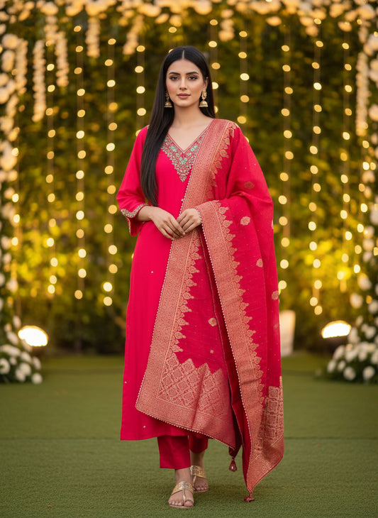 Dark Pink Dola Silk Suit with Handwork & Banarasi Dupatta