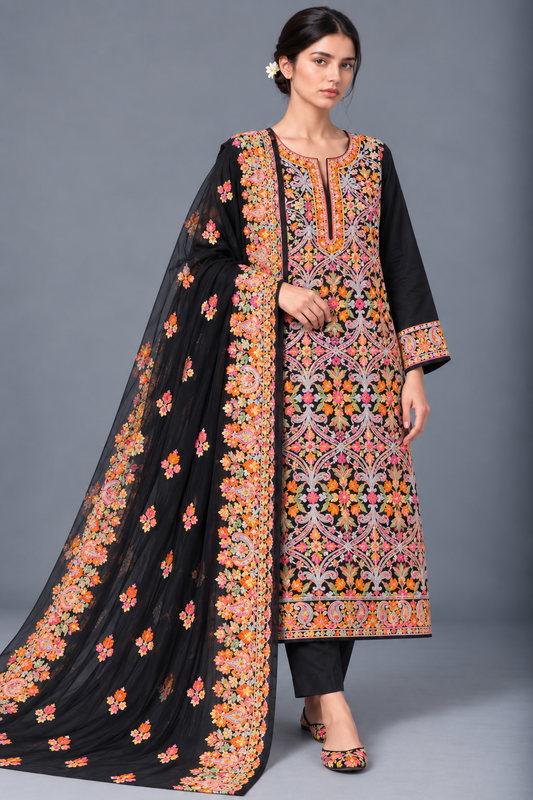 Midnight Black All-Season Kashmiri Embroidered Modal Cotton Suit Set
