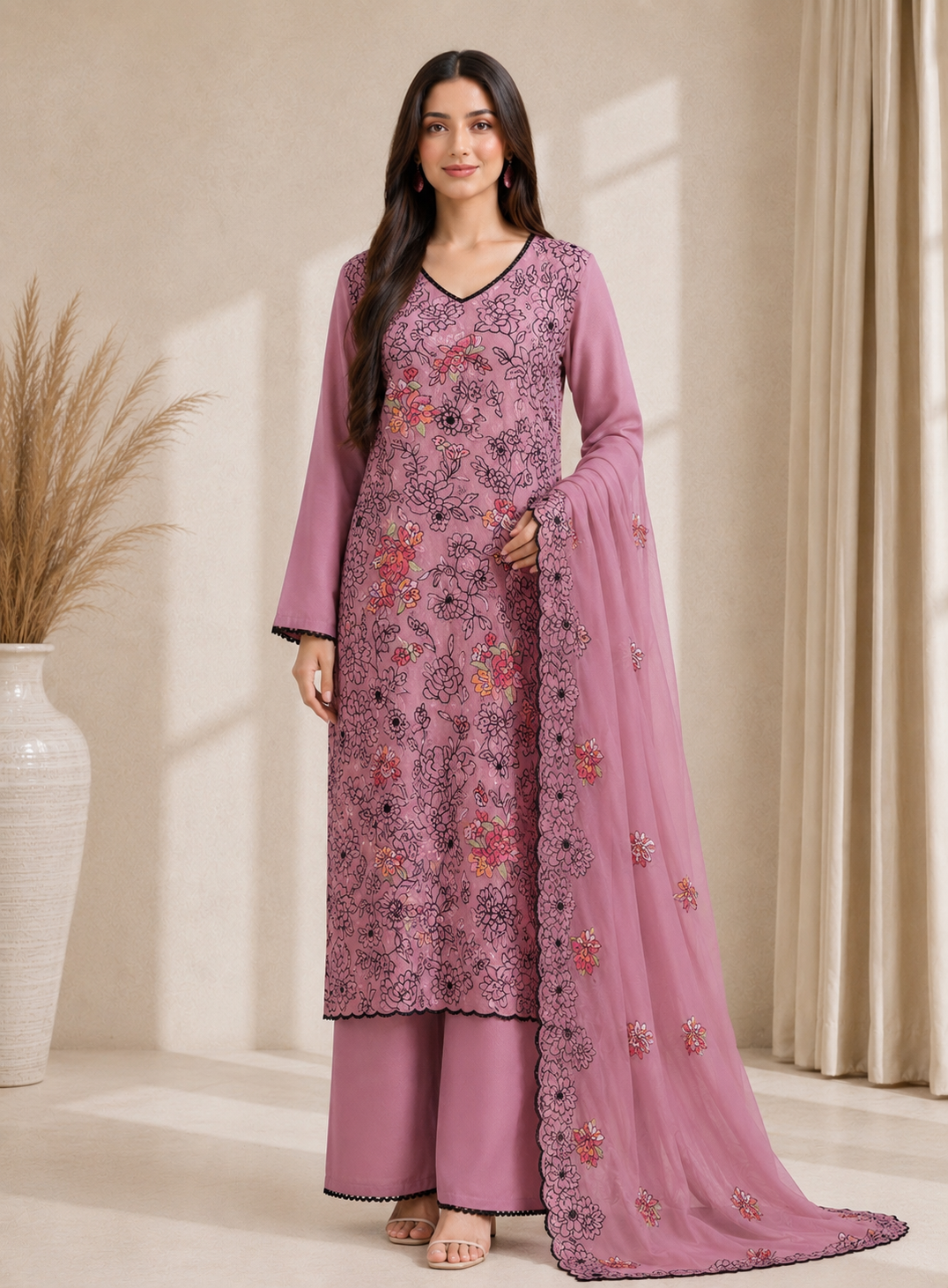 Embroidered Mal Chanderi Suit with Elegant Dupatta