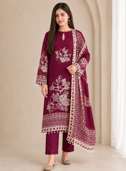 Magenta Muse: Pakistani Semi-Stitched Suit with Seashell Detailing