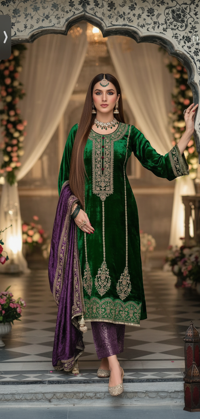 Timeless Winter Couture: Embroidered Velvet Ensemble