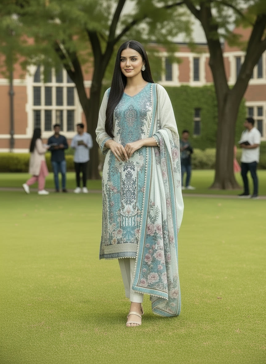 Karachi Charm – Maslin Printed Ready to Wear Suit with Lace Detailed Dupatta