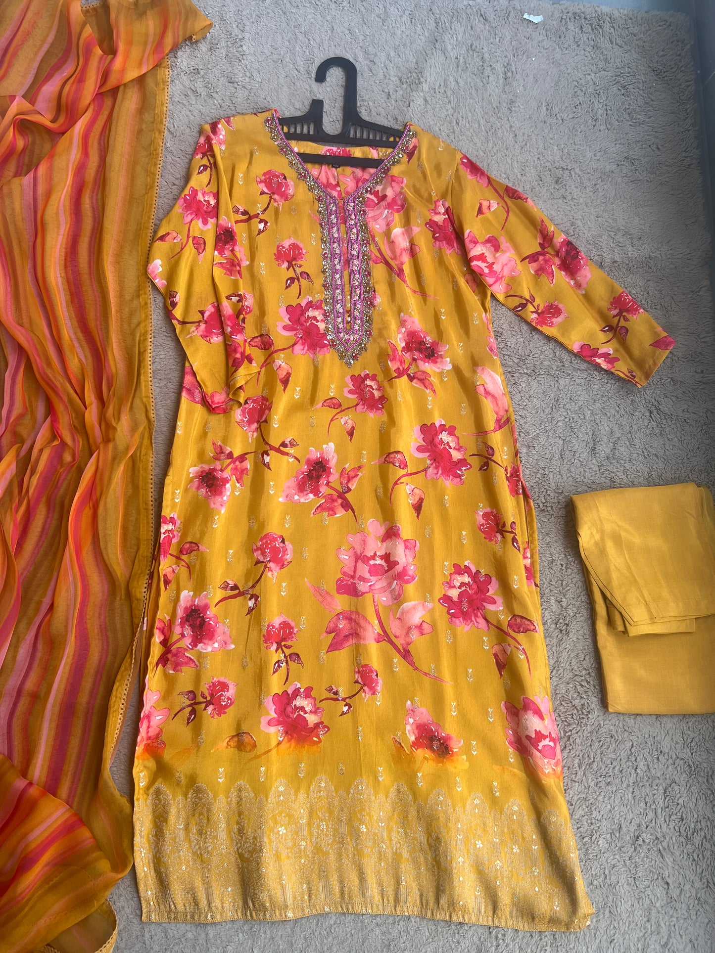 Trendy Radiance – Yellow & Fuchsia Pink Russian Silk Ready to Wear Suit with Handwork