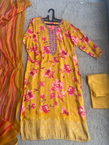 Trendy Radiance – Yellow & Fuchsia Pink Russian Silk Ready to Wear Suit with Handwork