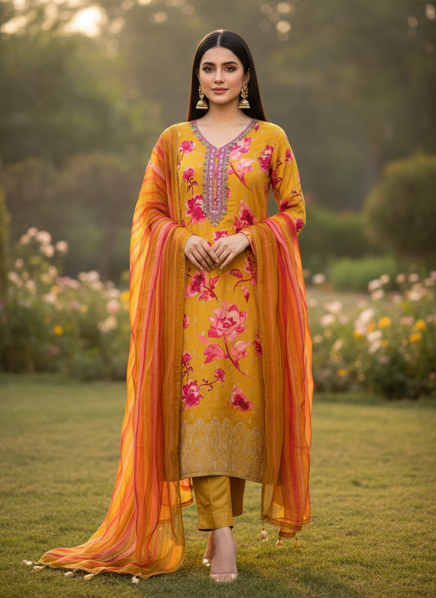 Trendy Radiance – Yellow & Fuchsia Pink Russian Silk Ready to Wear Suit with Handwork