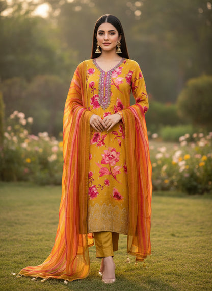 Trendy Radiance – Yellow & Fuchsia Pink Russian Silk Ready to Wear Suit with Handwork