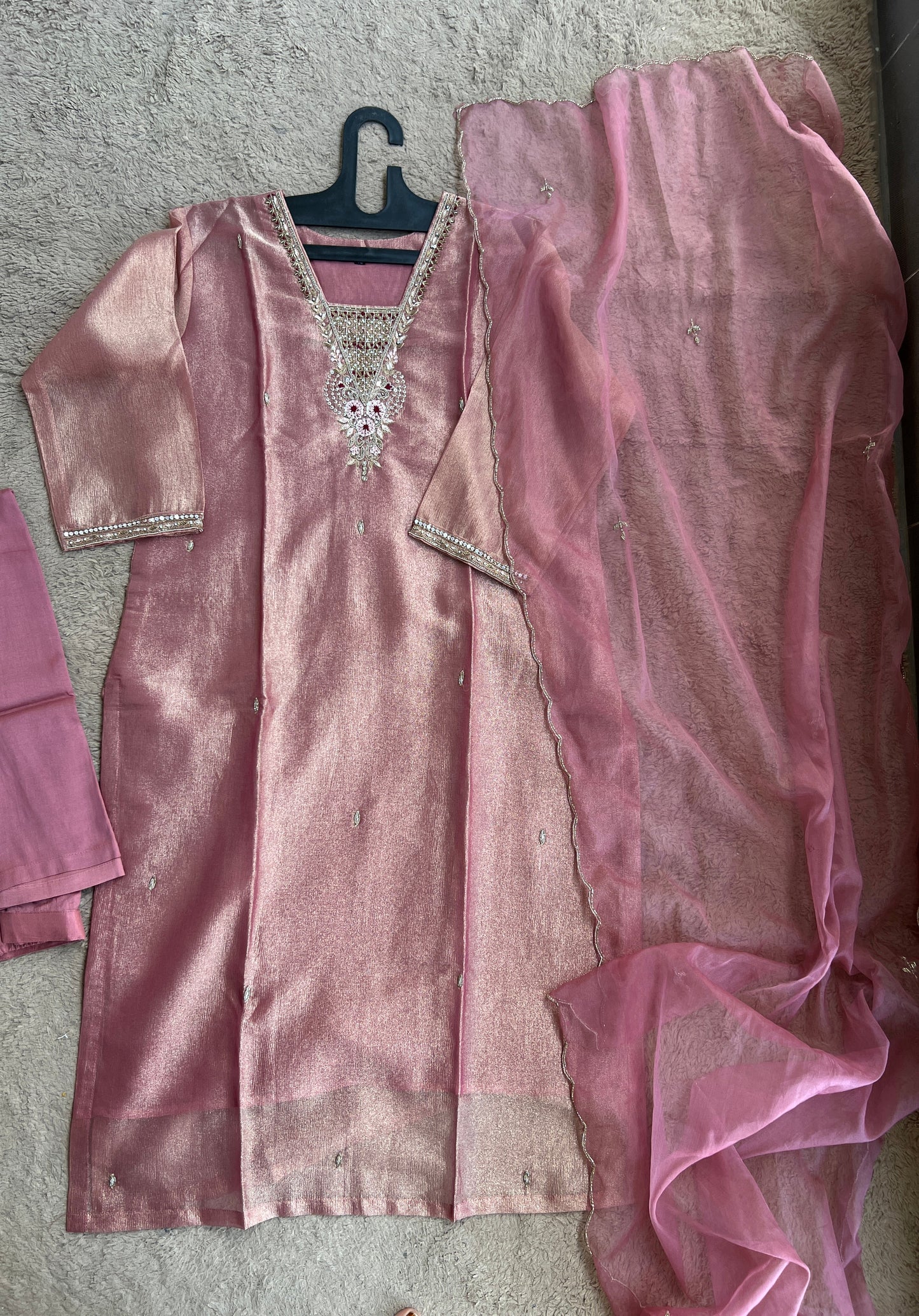 Shimmer Tissue Handworked Salwar Suit with Organza Dupatta – Festive Elegance