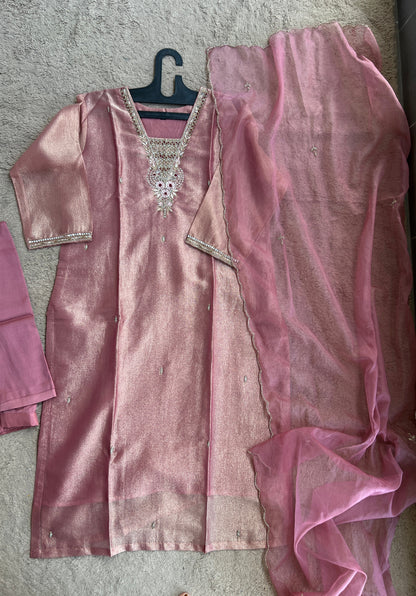 Shimmer Tissue Handworked Salwar Suit with Organza Dupatta – Festive Elegance