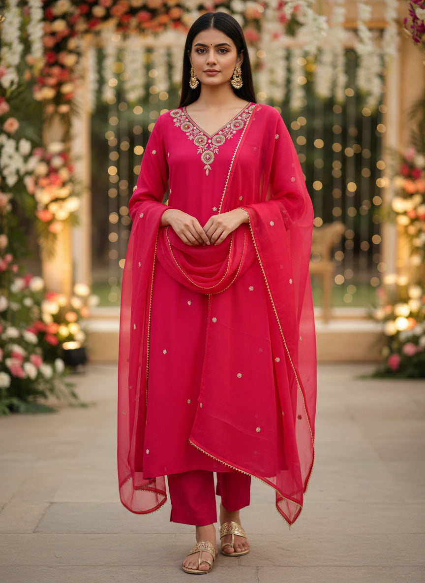 Dark Pink Dola Silk Suit with Handwork Ready to wear Salwar suit