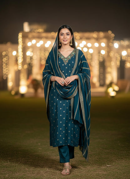 Royal Teal – Russian Silk Ready to Wear Salwar Suit with Handwork Neck & Elegant Dupatta