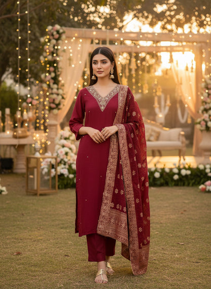 Deep Red Dola Silk Suit with Handwork & Banarasi Dup
